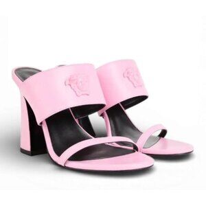 Versace Pink Leather Geometric Heel Slide Sandals Shoes Medusa 39 US 9 NIB